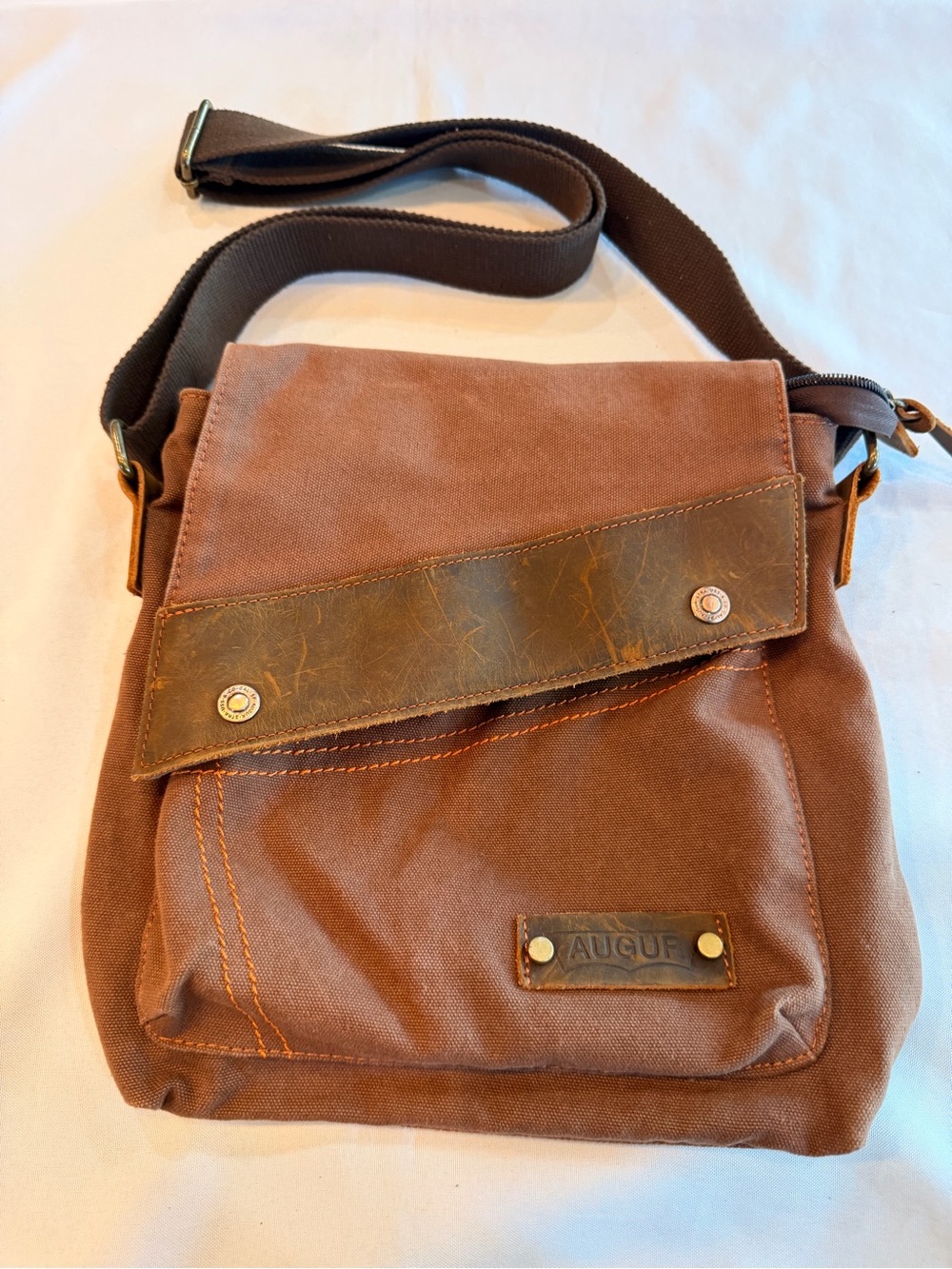 Augur Brown Canvas and Leather Crossbody Messenger Bag